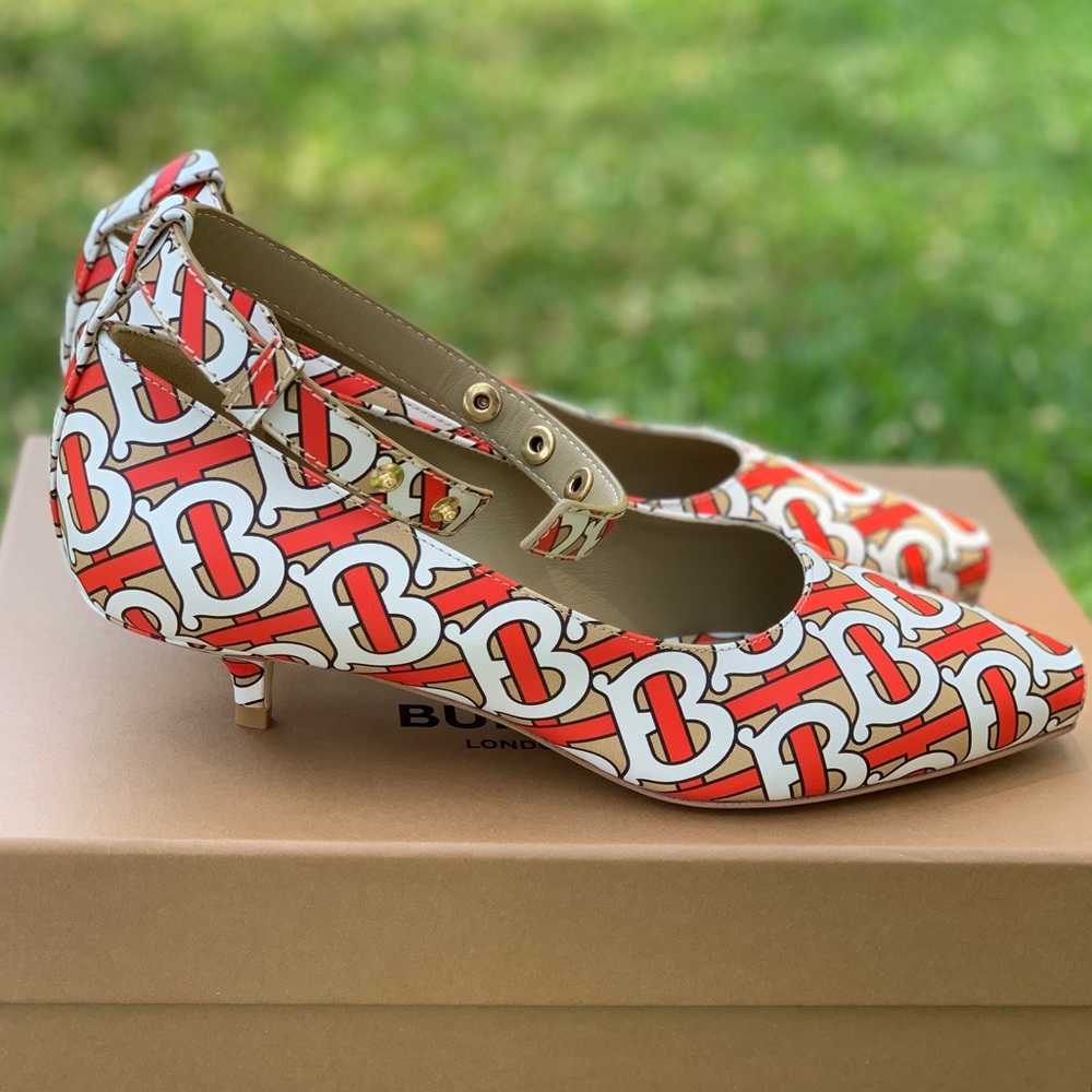 Monogram Print Leather Peep-toe Kitten-heel Pumps